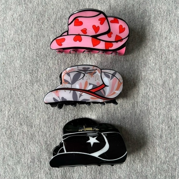 Accessories - NEW Western Cowboy Hat Hair Claw Clips (Glazed Mauve, Black & Pink Heart) (3pcs)